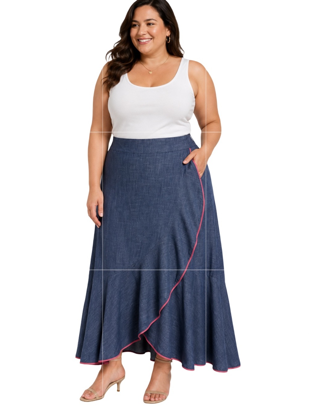 Wayward Fancies by eShakti Maxi Skirt Chambray Pink Piping Size 1X - 16W